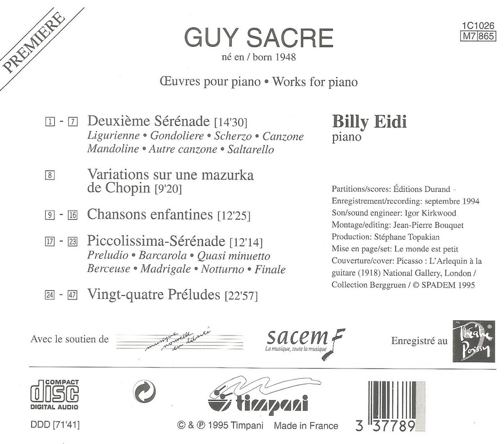 SACRE Guy Oeuvres pianistiques, Vol 1
