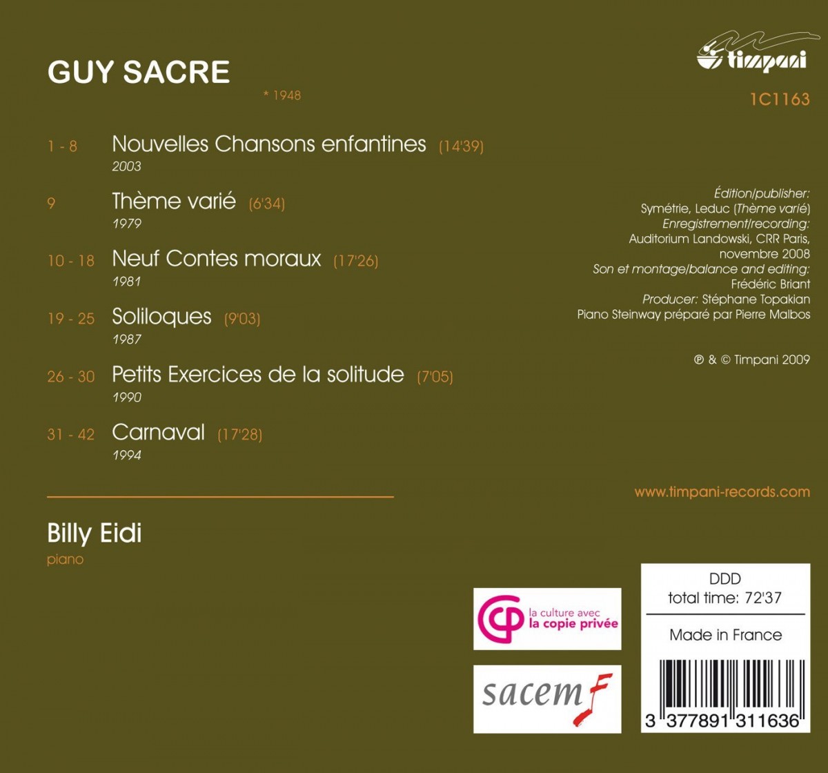 SACRE Guy, oeuvres pianistiques, vol 2, 2009